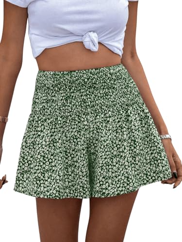 GORGLITTER Sommer Kurze Hosen Damen Shorts Mit Weitem Bein Kurze Hose Mit Blumen Sommer Rüschen Shorts Stretch Short Kurze Hose Locker Grün M von GORGLITTER