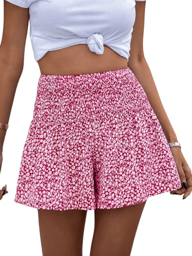 GORGLITTER Sommer Kurze Hosen Damen Shorts Mit Weitem Bein Kurze Hose Mit Blumen Sommer Rüschen Shorts Stretch Short Kurze Hose Locker Heißes Pink XL von GORGLITTER