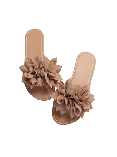 GORGLITTER Sommer Sandalen Damen Elegant Sandalen Mit Blumen Sandaletten Flache Sandalen Strand Flip Flops Boho Sommerschuhe Offene Sandalen Braun EUR39 von GORGLITTER