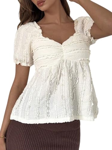 GORGLITTER Sommer Tops Damen Y2k Shirt Rüschenbluse Summer Tops Crop Top Mit Rüschen Musselin Bluse Locker Blusenshirt Sommer Outfits Aprikosenfarben S von GORGLITTER
