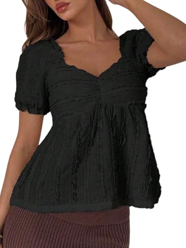 GORGLITTER Sommer Tops Damen Y2k Shirt Rüschenbluse Summer Tops Crop Top Mit Rüschen Musselin Bluse Locker Blusenshirt Sommer Outfits Schwarz L von GORGLITTER