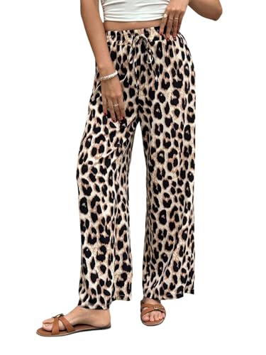 GORGLITTER Sommerhose Damen Leicht Elegant Weites Bein Hose Mit Leoprint Hohe Taille Lang Freizeithose Mit Gummizug Stretch Hosen Jogginghose Gerade Damenhose Leo L von GORGLITTER