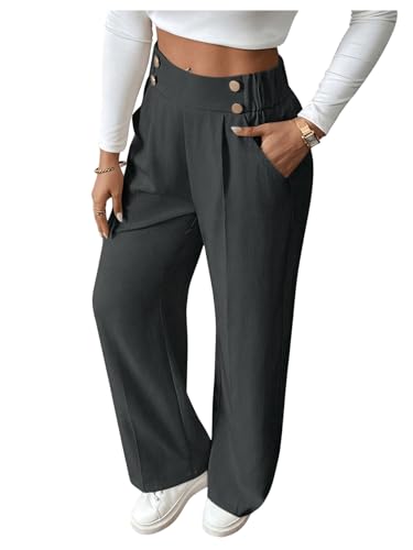 GORGLITTER Sommerhose Damen Leicht Stoffhose Sommer Anzughose Mit Taschen Weite Hose Freizeithose Wide Leg Hose Business Outfit Dunkelgrau XS von GORGLITTER