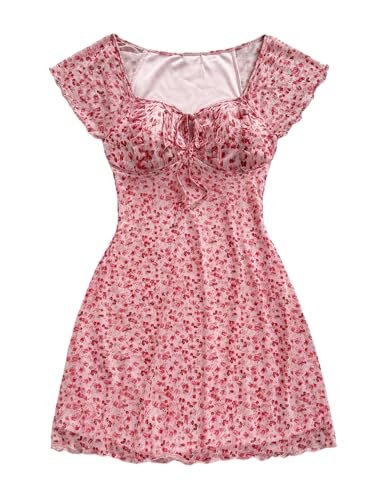 GORGLITTER Sommerkleid Damen Kurz Blumenkleid Sommer Minikleid Mit Rüschen Boho Kleid A Linie Cute Dress Freizeitkleid Strandkleider Rosa L von GORGLITTER