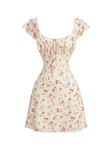 GORGLITTER Sommerkleid Damen Kurz Boho Kleid Mini Kleid Mit Blumen Elegant A Linien Kleid Rüschenkleid Minikleid Geblümtes Kleid Mit Knoten Aprikosenfarben S von GORGLITTER