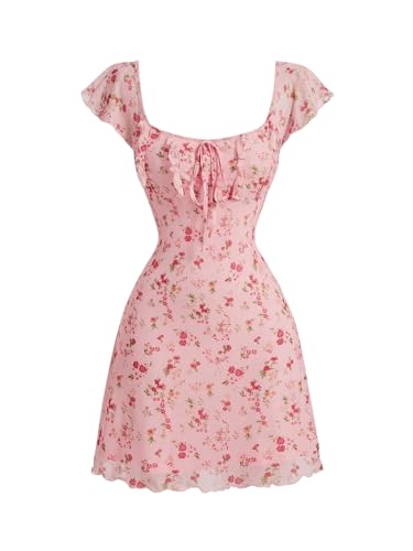 GORGLITTER Sommerkleid Damen Kurz Boho Kleid Mini Kleid Mit Blumen Elegant A Linien Kleid Rüschenkleid Minikleid Geblümtes Kleid Mit Knoten Rosa L von GORGLITTER