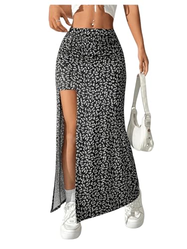 GORGLITTER Sommerrock Damen Lang Boho Rock Mit Schlitz Blumenrock Maxirock Mit Blümchen Strandrock Langer Rock Elegant Freizeitrock Schwarz S von GORGLITTER