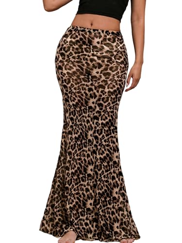 GORGLITTER Maxirock Damen Lang Leoparden Rock Herbst Outfit Freizeitrock Partyrock Mit Leo Print Stretch Rock Mesh Röcke Leo L von GORGLITTER
