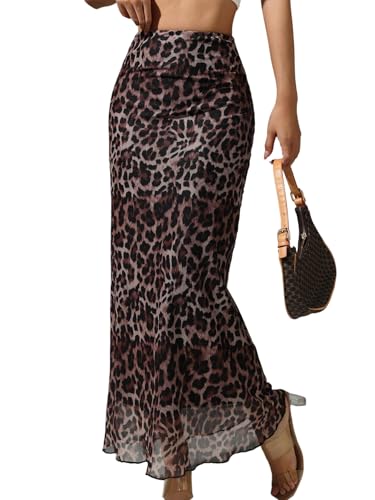 GORGLITTER Sommerrock Damen Lang Elegant Leoparden Rock Leicht Röcke Mit Hoher Taille Maxirock Rüschenrock Freizeitrock Figurbotener Partyrock Sommer Outfit Kaffeebraun S von GORGLITTER