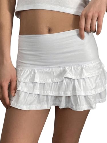 GORGLITTER Sommerrock Damen Leicht Und Luftig Rüschenrock Rock Mit Hose Drunter Kurz Minirock Sommer Mehrschichtiger Rock Weiß XS von GORGLITTER