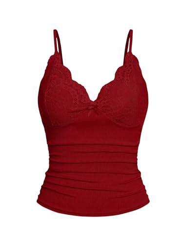 GORGLITTER Spaghettiträger Top Damen Elegant Camisole mit Spitzen Crop Tops Trägertop Untertop Spitzentop Croptop Rot L von GORGLITTER
