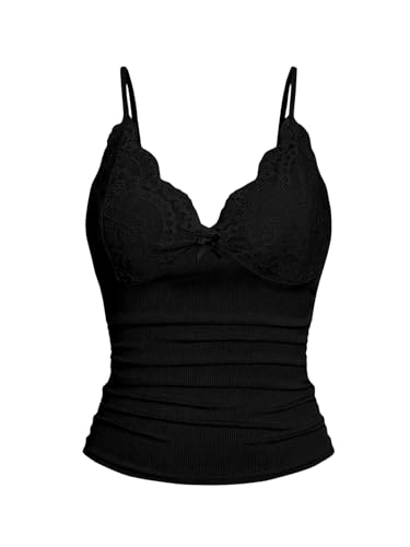 GORGLITTER Spaghettiträger Top Damen Elegant Camisole mit Spitzen Crop Tops Trägertop Untertop Spitzentop Croptop Schwarz M von GORGLITTER
