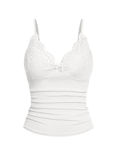 GORGLITTER Spaghettiträger Top Damen Elegant Camisole mit Spitzen Crop Tops Trägertop Untertop Spitzentop Croptop Weiß M von GORGLITTER