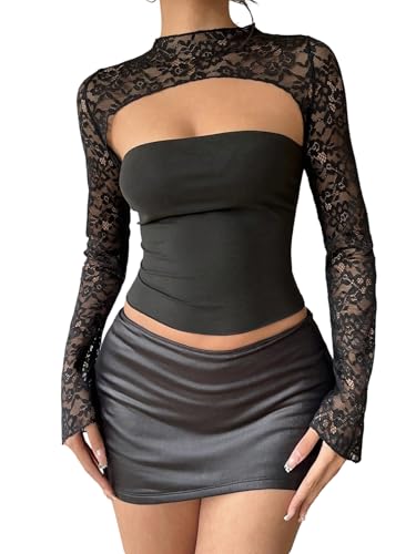 GORGLITTER Spitzen Langarmshirt Damen Elegant Bauchfrei Oberteil Y2K Cut Out Crop Top Durchsichtige Spitzentop Partyshirt Herbst Outfit Schwarz S GORGLITTER Spitzen Langarmshirt Damen Elegant Bauchfrei Oberteil Y2K Cut Out Crop Top Durchsichtige Spitzentop Partyshirt Herbst Outfit Schwarz S von GORGLITTER