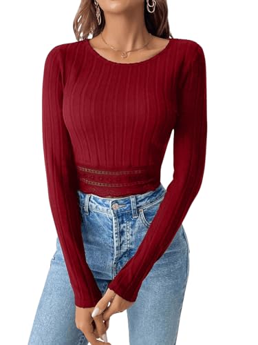 GORGLITTER Spitzen Oberteile Damen Crop Top Mit Spitze Langarmshirt Rippenstrick Bauchfreies Oberteil Bordeaux M von GORGLITTER