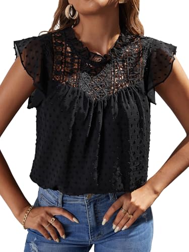 GORGLITTER Spitzen Oberteile Damen Elegant Rüschenbluse Blusenshirt Mit Spitze Blusentops Sommerbluse Trachtenbluse Damenblusen Schwarz M von GORGLITTER