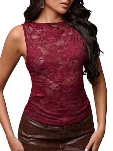 GORGLITTER Spitzen Oberteile Damen Elegant Tank Top Sommertop Spitzentop Durchsichtiges Top Spitzenbluse Y2k Party Outfit Bordeaux S von GORGLITTER