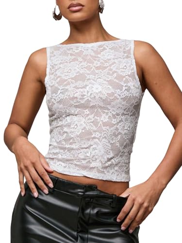 GORGLITTER Spitzen Oberteile Damen Elegant Tank Top Sommertop Spitzentop Durchsichtiges Top Spitzenbluse Y2k Party Outfit Weiß S von GORGLITTER