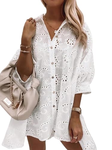 GORGLITTER Spitzen Oberteile Damen Lang Leichte Hemdbluse Sommer Häkel Oberteil Boho Blusenshirt Blusenkleid Tunika Bluse Mit Spitze Blusentop Locker Weiß M von GORGLITTER