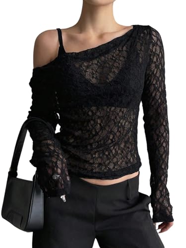 GORGLITTER Spitzen Oberteile Damen Spitzentop Transparent Oberteile Elegant Lace Top Langarmshirt Off Shoulder Langarm T Shirt Y2k Mesh Top Netzoberteil Schwarz S GORGLITTER Spitzen Oberteile Damen Spitzentop Transparent Oberteile Elegant Lace Top Langarmshirt Off Shoulder Langarm T Shirt Y2k Mesh Top Netzoberteil Schwarz S von GORGLITTER