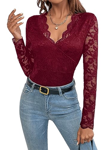 GORGLITTER Spitzen Oberteile Damen Spitzentops Dirndlblusen Langarm Trachtenbluse Spitzenshirt Dirndl Bluse mit V-Ausschnitt Rosenrot S von GORGLITTER