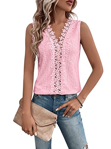 GORGLITTER Spitzen Oberteile Damen Tank Top Mit V Ausschnitt Spitzentop Elegant Tshirt Mit Öse Stickerei Sommer Top Locker Rosa M von GORGLITTER