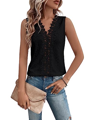 GORGLITTER Spitzen Oberteile Damen Tank Top Mit V Ausschnitt Spitzentop Elegant Tshirt Mit Öse Stickerei Sommer Top Locker Schwarz XL GORGLITTER Spitzen Oberteile Damen Tank Top Mit V Ausschnitt Spitzentop Elegant Tshirt Mit Öse Stickerei Sommer Top Locker Schwarz XL von GORGLITTER
