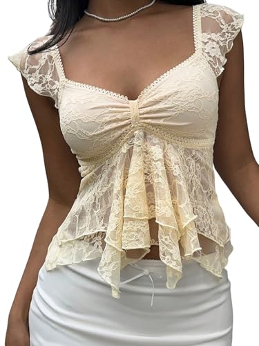 GORGLITTER Spitzen Oberteile Damen Tracht Spitzentop Crop Top Mit Spitze Elegant Spitzenshirt Sommer Shirt Mit Rüschen Dirndlbluse Gelb S GORGLITTER Spitzen Oberteile Damen Tracht Spitzentop Crop Top Mit Spitze Elegant Spitzenshirt Sommer Shirt Mit Rüschen Dirndlbluse Gelb S von GORGLITTER