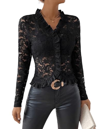 GORGLITTER Spitzen Top Damen Durchsichtig Spitzen Crop Oberteil Langarm Shirt Elegant Tops mit Rüschen Schwarz M von GORGLITTER