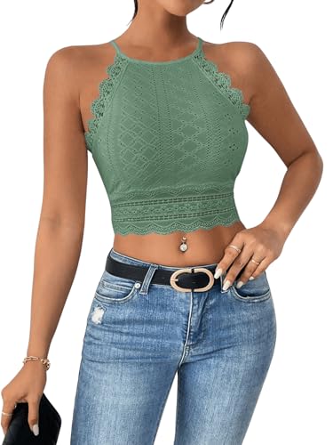 GORGLITTER Spitzen Top Damen Elegant Crop Top Mit Spitze Neckholder Top Bauchfrei Kurzes Top Grün L von GORGLITTER