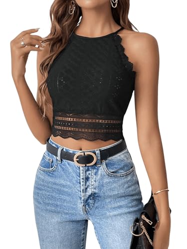 GORGLITTER Spitzen Top Damen Elegant Crop Top Mit Spitze Neckholder Top Bauchfrei Kurzes Top Schwarz L von GORGLITTER