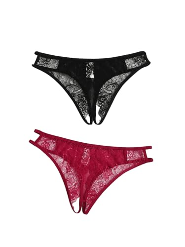 GORGLITTER Spitzen Unterhosen Damen Sexy String Tanga Set Mit Spitze Dessous Ouvert Offen Schritt Erotische Unterwäsche Schwarz und Rot L von GORGLITTER