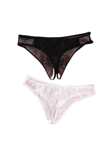 GORGLITTER Spitzen Unterhosen Damen Sexy String Tanga Set Mit Spitze Dessous Ouvert Offen Schritt Erotische Unterwäsche Schwarz und Weiß L von GORGLITTER