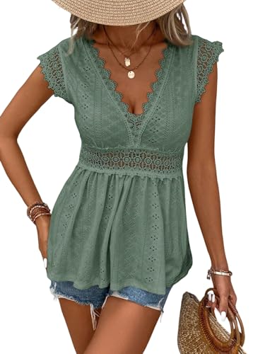 GORGLITTER Spitzenbluse Damen Elegant Blusenshirt Mit Spitze Sommer Outfit Spitzenshirt V Ausschnitt Blusentop Damenblusen Grün M von GORGLITTER