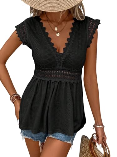 GORGLITTER Spitzenbluse Damen Elegant Blusenshirt Mit Spitze Sommer Outfit Spitzenshirt V Ausschnitt Blusentop Damenblusen Schwarz M GORGLITTER Spitzenbluse Damen Elegant Blusenshirt Mit Spitze Sommer Outfit Spitzenshirt V Ausschnitt Blusentop Damenblusen Schwarz M von GORGLITTER