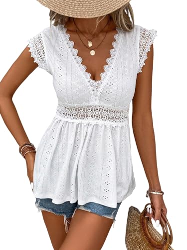 GORGLITTER Spitzenbluse Damen Elegant Blusenshirt Mit Spitze Sommer Outfit Spitzenshirt V Ausschnitt Blusentop Damenblusen Weiß M von GORGLITTER