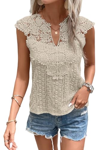 GORGLITTER Spitzenbluse Damen Elegant Oberteil Mit Spitze Blusentop Sommer Blusenshirt Summer Tops Locker Dirndlbluse Elegantes Outfit Aprikosenfarben M von GORGLITTER