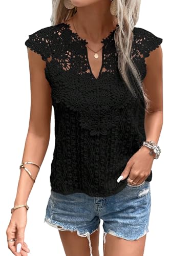 GORGLITTER Spitzenbluse Damen Elegant Oberteil Mit Spitze Blusentop Sommer Blusenshirt Summer Tops Locker Dirndlbluse Elegantes Outfit Schwarz XS von GORGLITTER