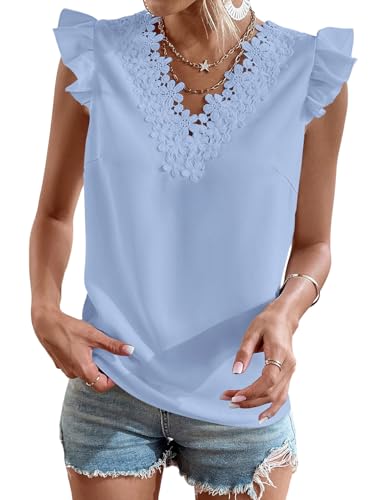 GORGLITTER Spitzenbluse Damen Elegant V Ausschnitt Blusenshirt Mit Spitze Sommer Outfit Spitzenshirt Blusentop Business Outfit Damenblusen Hellblau L von GORGLITTER