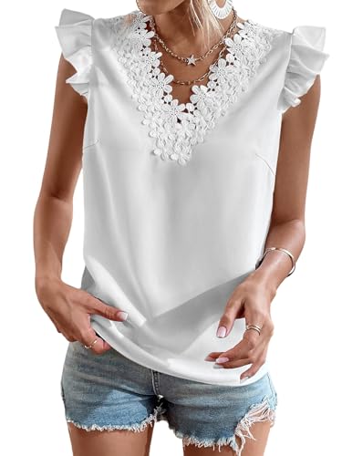 GORGLITTER Spitzenbluse Damen Elegant V Ausschnitt Blusenshirt Mit Spitze Sommer Outfit Spitzenshirt Blusentop Business Outfit Damenblusen Weiß L von GORGLITTER