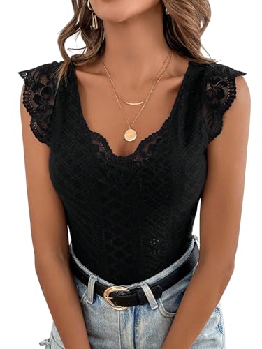 GORGLITTER Spitzenbody Damen Elegant Body Mit Spitze Blusenbody Trachtenbody Oberteil Mit V Ausschnitt Bodysuit Damenbody Schwarz L von GORGLITTER