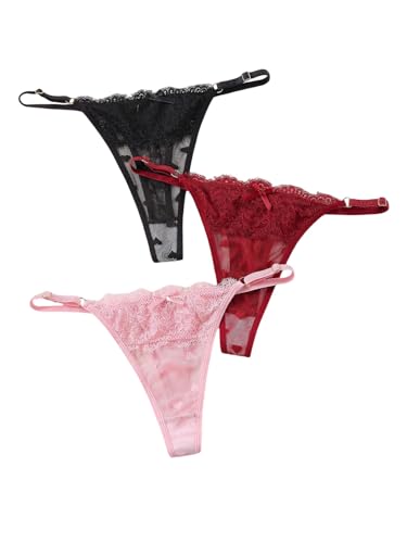 GORGLITTER Spitzenhöschen Damen 3er Pack Spitzen String Herzmuster Atmungsaktiv Lingerie Reizwäsche Thong Durchsichtig Verstellbar Pantys Schwarz Mehrfarbig M von GORGLITTER