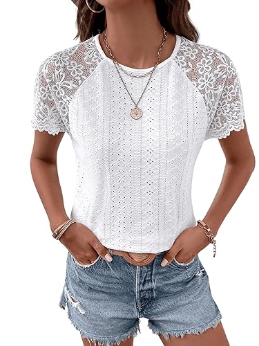 GORGLITTER Spitzenshirt Damen Elegant Tshirt Mit Kontrast Spitze Kurzarm Oberteil Spitzen Top Locker Weiß XS von GORGLITTER