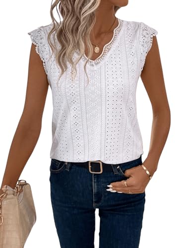 GORGLITTER Spitzenshirt Damen Elegant Tshirt Mit Spitze Sommer Oberteile Spitzentop Mit V-Ausschnitt Weiß L von GORGLITTER