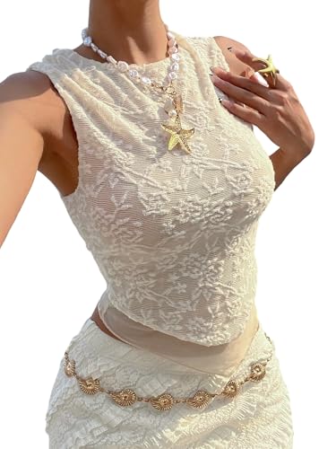 GORGLITTER Spitzentop Damen Elegant Crop Top Mit Durchsichtig Spitze Sommertop Ärmellos Tank Top Transparent Netzoberteil Party Outfit Beige S von GORGLITTER