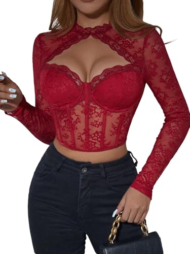 GORGLITTER Spitzentop Damen Elegant Dirndlblusen Langarm Bluse Dirndl Trachtenbluse Spitze Top Cut Out Oberteil Durchsichtig Top Festival Outfit Bordeaux XS von GORGLITTER
