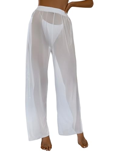 GORGLITTER Strandhose Damen Sommer Cover Up Hose Transparente Hose Sexy Mesh Hose Lang Durchsichtige Weite Hose Weiß XL von GORGLITTER