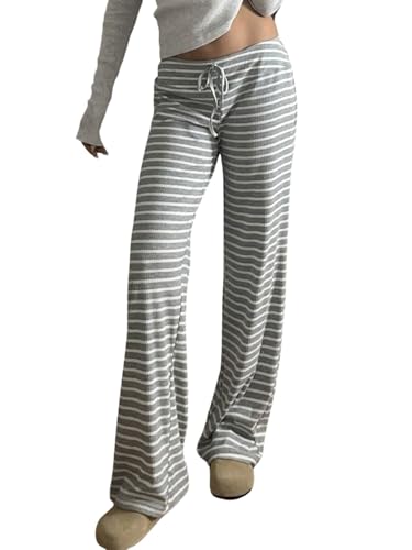 GORGLITTER Streifen Hose Damen Lang Gestreift Freizeithose mit Gummizug Weites Bein Herbsthose Baggy Causalhose Gerade Bein Lockere Damenhosen Grau M von GORGLITTER