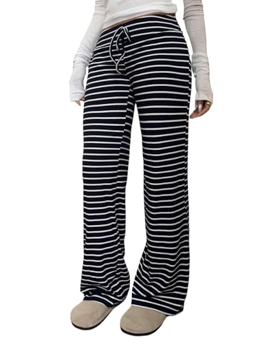 GORGLITTER Streifen Hose Damen Lang Gestreift Freizeithose mit Gummizug Weites Bein Herbsthose Baggy Causalhose Gerade Bein Lockere Damenhosen Schwarz XL von GORGLITTER