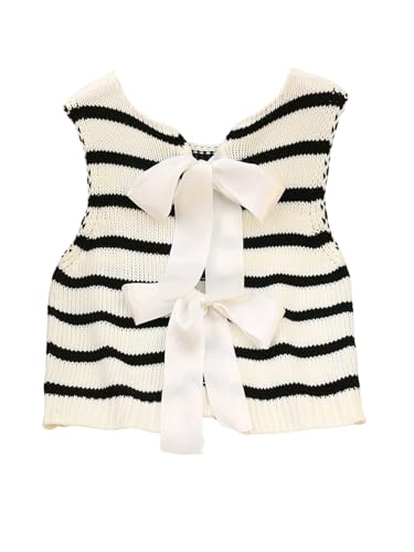 GORGLITTER Strick Pullunder Damen Elegant Ärmellos Pullover Weste Kurze Strickwesten mit Schleife Trendy Strickjacke Y2K Stricktop Herbst Outfit Schwarz und Weiß XS von GORGLITTER